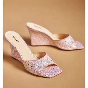 Anthropologie Maeve Pearl Pink Glitter Square Toe Heeled Mules, $168
